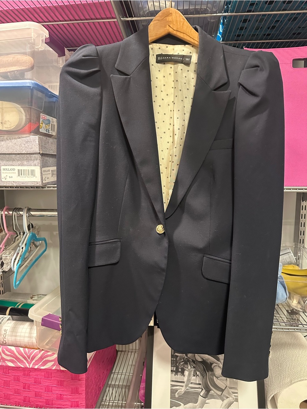 Zara Black Puff-Shoulder Single-Button Blazer